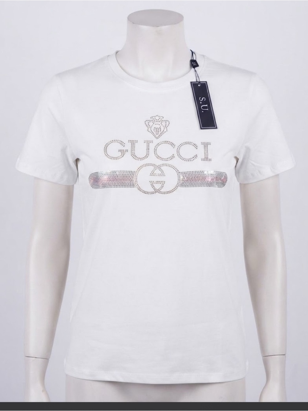 Womans FASHION White Crystal Logo Short Sleeve Tee with Signature Stripe